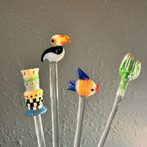 Hand blown art glass cocktail stir sticks lot of 4 cake, cactus, fish, pelican